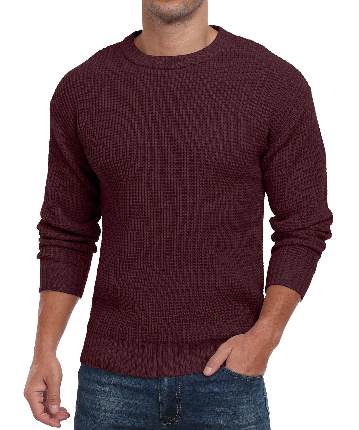 Men's Crewneck Pullover Sweater Waffle Textured Long Sleeve Casual Knit Sweater
