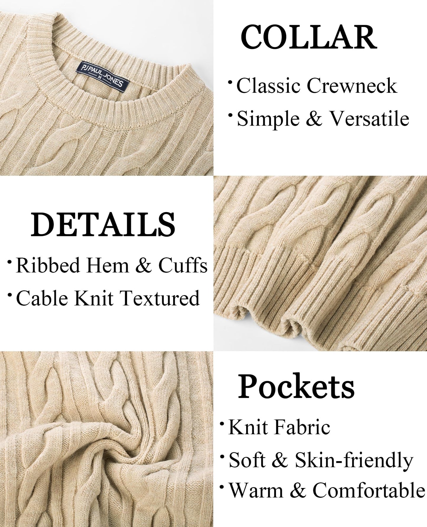 PJ PAUL JONES Mens Crewneck Sweater Casual Long Sleeve Textured Pullover Sweater Regular Fit Cable Knit Pullovers Apricot S