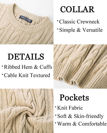 PJ PAUL JONES Mens Crewneck Sweater Casual Long Sleeve Textured Pullover Sweater Regular Fit Cable Knit Pullovers Apricot S