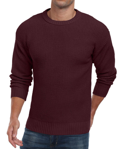 Men's Crewneck Pullover Sweater Waffle Textured Long Sleeve Casual Knit Sweater