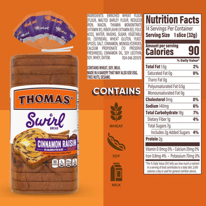 Thomas' Cinnamon Raisin Swirl Bread, Cinnamon Bread, 16 oz Bag